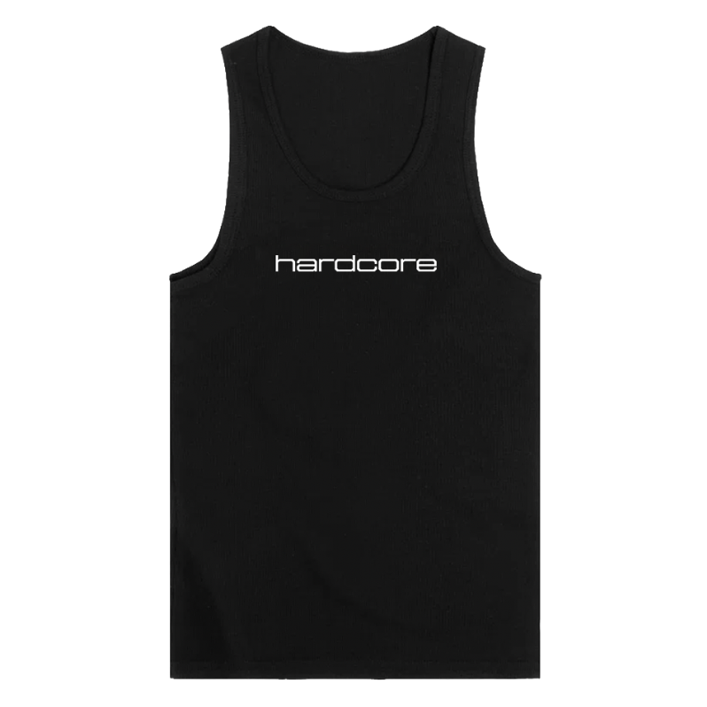 A black tank top with the word 'hardcore' printed in white stylized font across the chest