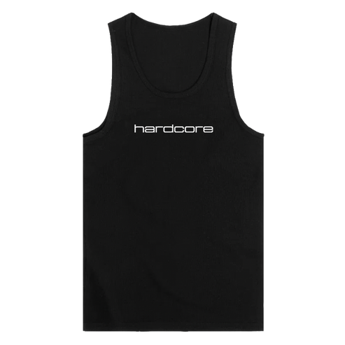 A black tank top with the word 'hardcore' printed in white stylized font across the chest