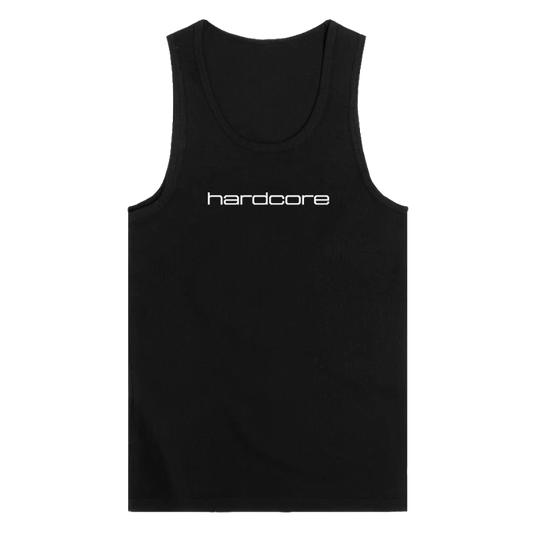 A black tank top with the word 'hardcore' printed in white stylized font across the chest